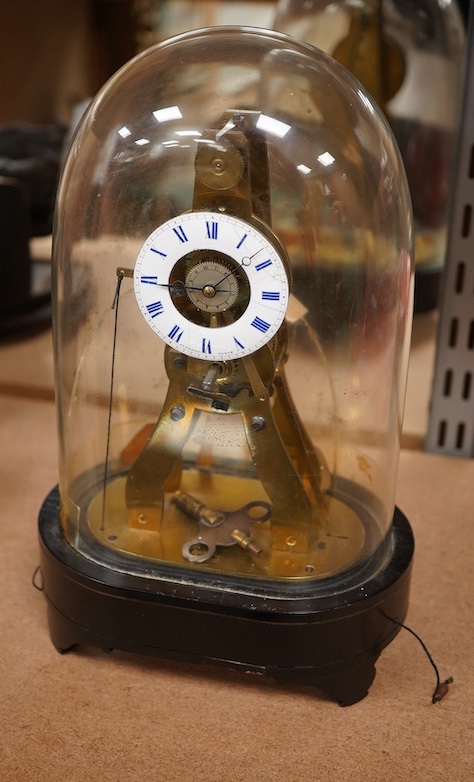 19th century French repeating brass mantel timepiece under glass dome, 26cm high.